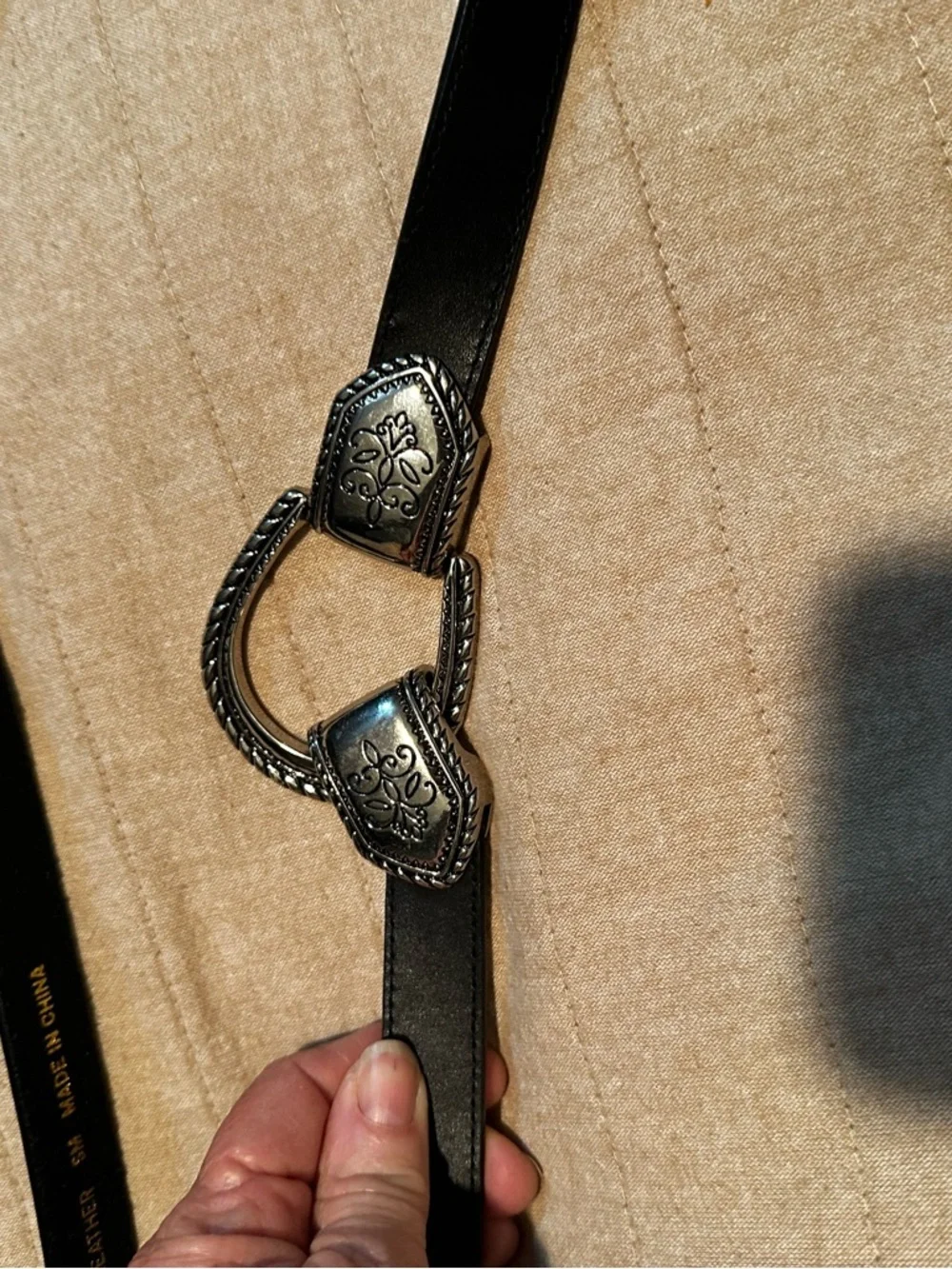 Chico's Black Leather Belt with Embossed Silver Buckle
